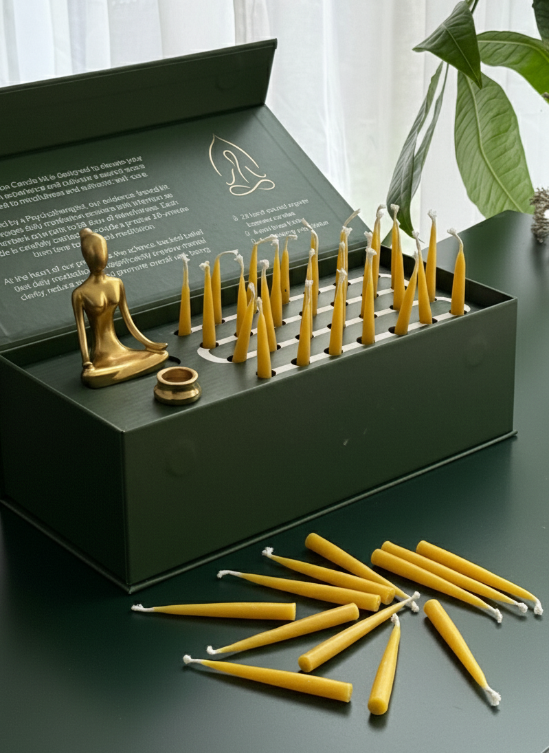 The 8 Week Mindful Transformation Kit open, showing the brass meditating figure and rows of beeswax candles