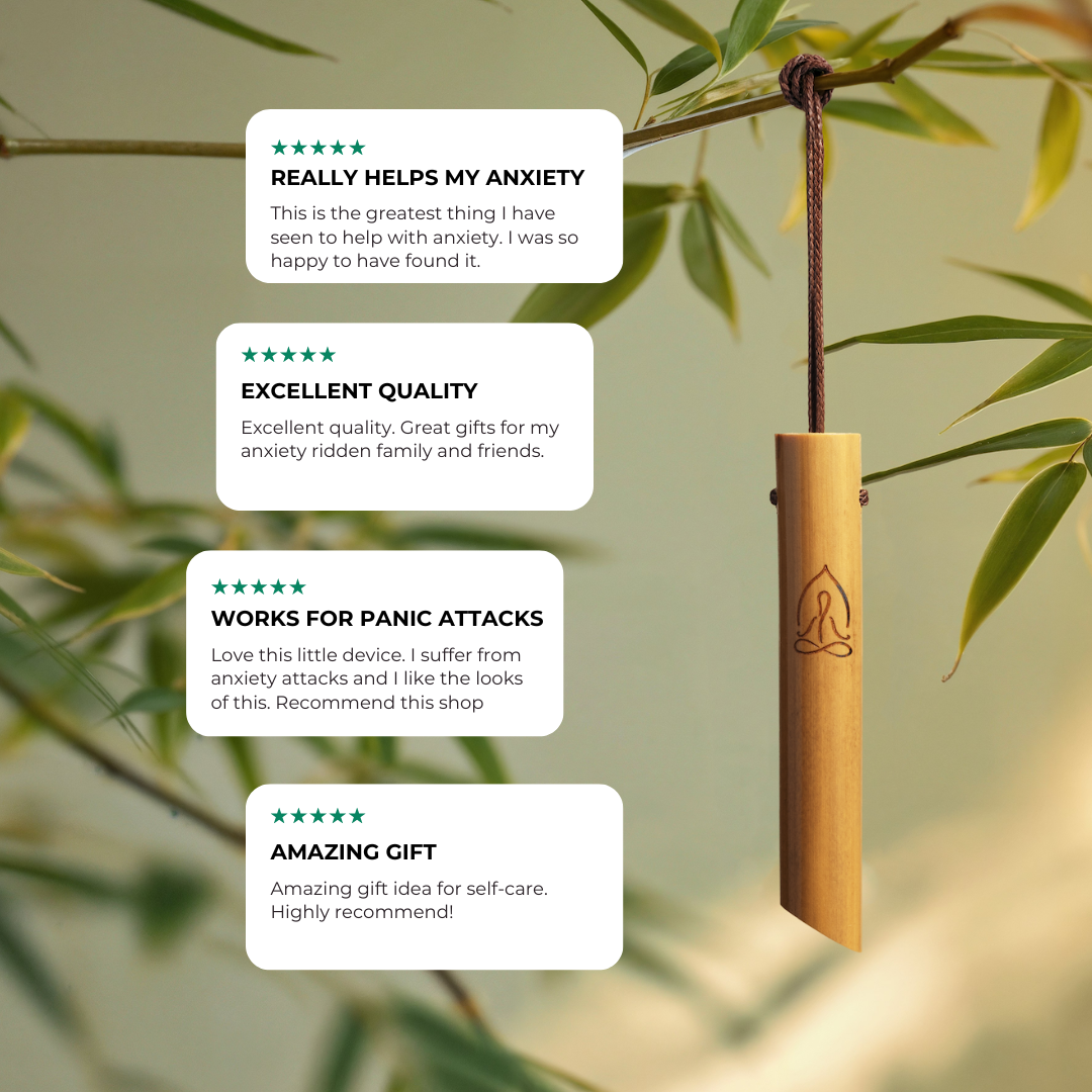 The Mindful Bamboo Breathing Necklace shown with five-star customer reviews