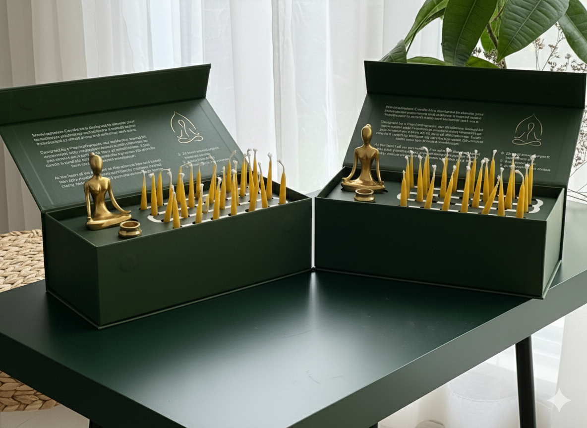 The Couples 28-Day Meditation Journey: two open kit boxes side by side, each with a brass figure and candles