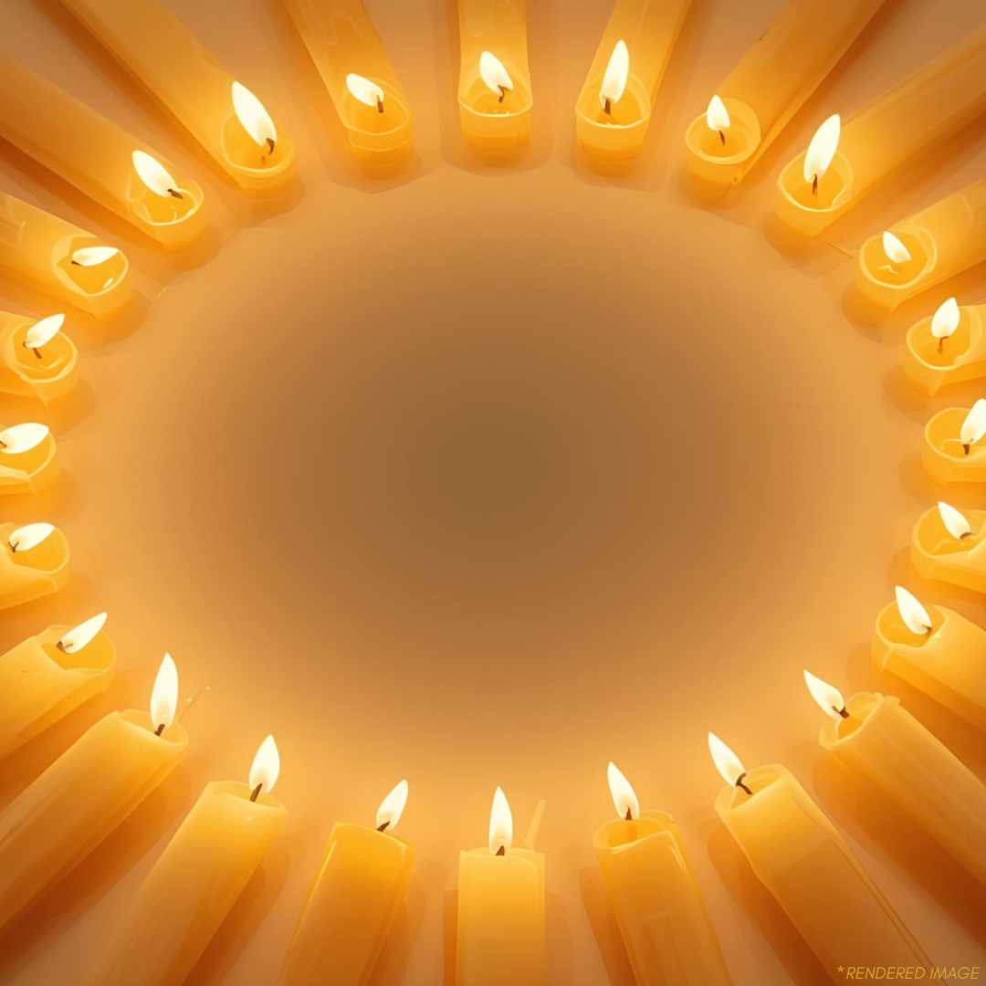 A ring of lit beeswax meditation candles glowing against a dark background