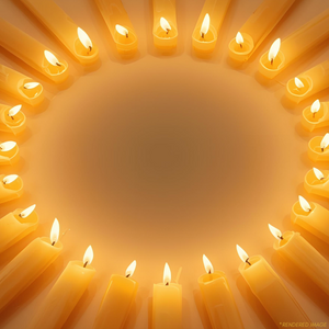 A ring of lit beeswax meditation candles glowing against a dark background